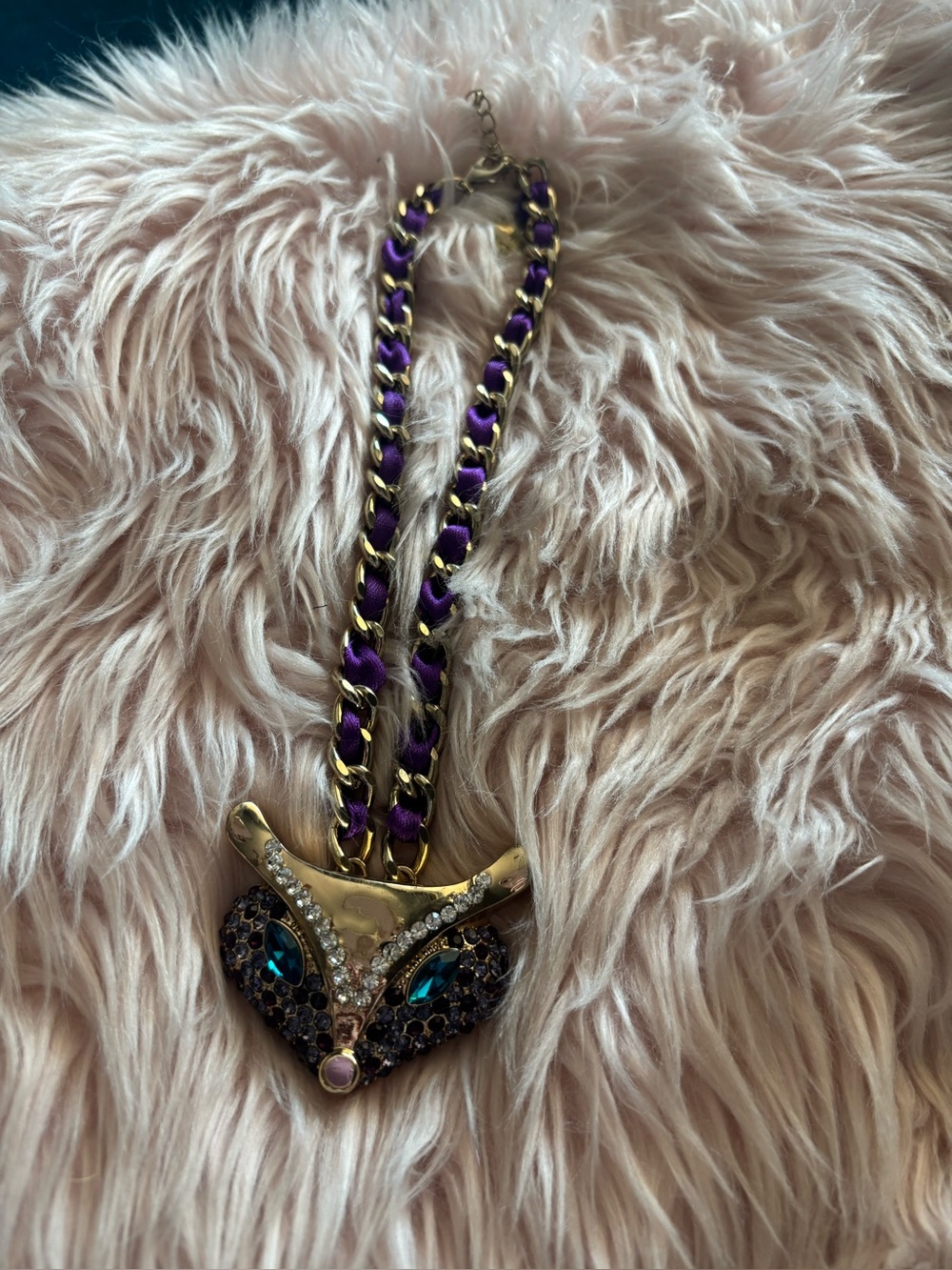 Gold Fox Pendant Necklace with Purple Chain